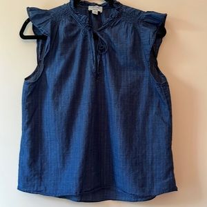 J. Crew Denim Blue Ruffle Shoulder Tank Top Medium with Silver stripes